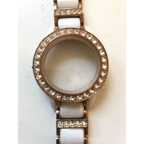 #T23# Fossil Watch Band Bracelet Case Links Parts Rose Gold & White Used 15mm - Picture 2 of 4